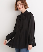 【マシンウォッシュ/防シワ/UVカット】裾プリーツ取り外しボウタイブラウス