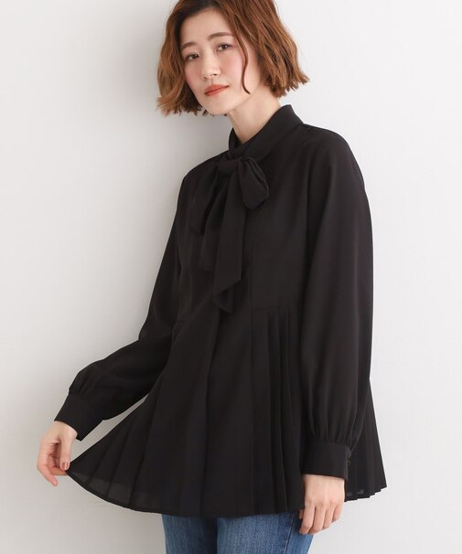 【マシンウォッシュ/防シワ/UVカット】裾プリーツ取り外しボウタイブラウス