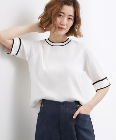 やわらかドライタッチ 袖メッシュ編みニット