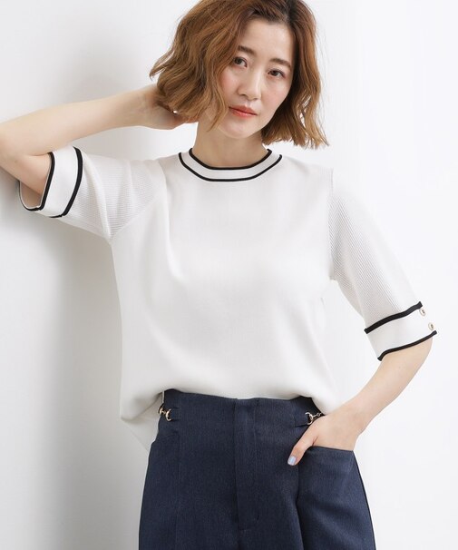 やわらかドライタッチ 袖メッシュ編みニット