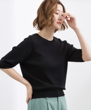 【シリーズ累計34万枚】やわらかドライタッチ 五分袖クルーネックニット