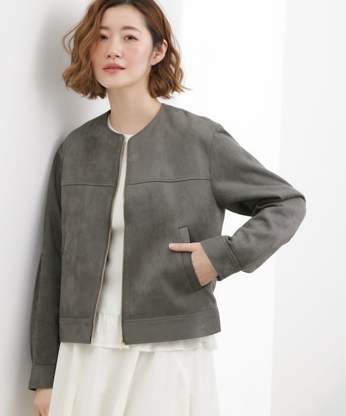 スエードライク ノーカラーブルゾン