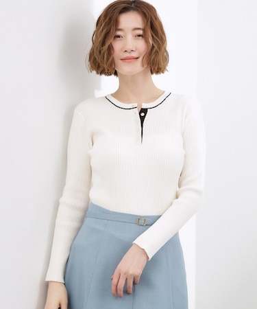 バイカラー ヘンリーネックリブニット