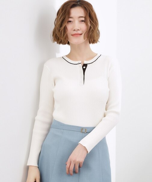 バイカラー ヘンリーネックリブニット