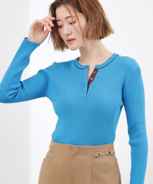 バイカラー ヘンリーネックリブニット