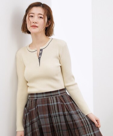 バイカラー ヘンリーネックリブニット