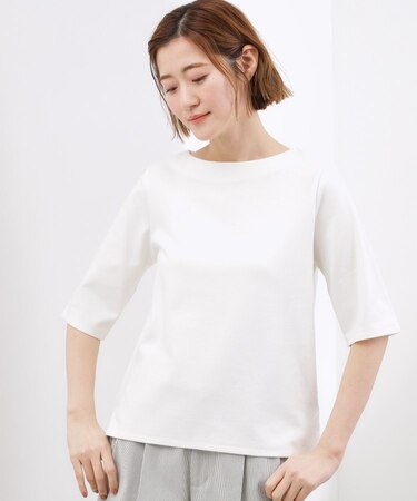 【二の腕カバー/すっきり見え】きちんと素材のボートネックTシャツ