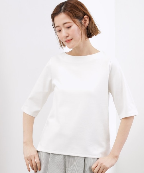 【二の腕カバー/すっきり見え】きちんと素材のボートネックTシャツ