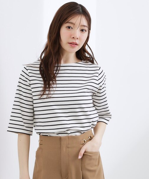 【二の腕カバー/すっきり見え】きちんと素材のボートネックTシャツ
