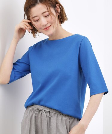 【二の腕カバー/すっきり見え・抗菌防臭】きちんと素材のボートネックTシャツ