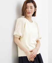 袖刺繍ハーフスリーブニットプルオーバー