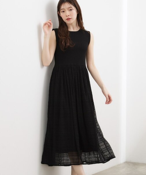 リブニット×チェックチュール ドッキングワンピース