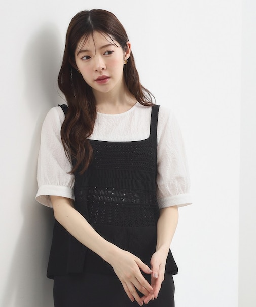 透かし編み切替ニットビスチェ×ブラウスセット