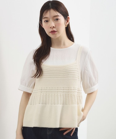 透かし編み切替ニットビスチェ×ブラウスセット