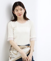 【ひんやり・UVカット】チュールトリミング5分袖Tシャツ