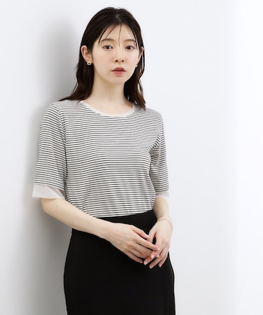 【ひんやり・UVカット】チュールトリミング5分袖Tシャツ