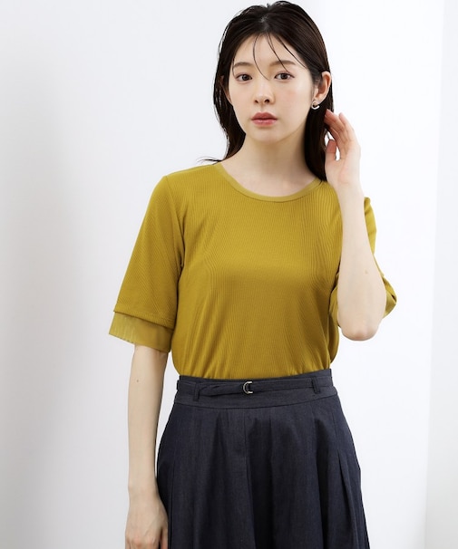 【ひんやり・UVカット】チュールトリミング5分袖Tシャツ