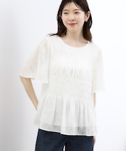 【二の腕・体型カバー】軽やかに華やぐ 花柄シャーリングブラウス