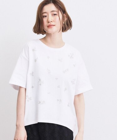 フラワーモチーフスパンコールTシャツ