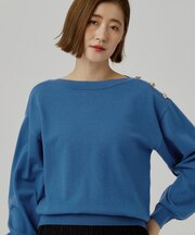 【洗濯機OK】さりげない華やぎ 肩ボタン ボートネックニット