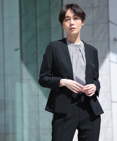 INDIVI 上下セット【接触冷感・UVカット】ノーカラーパンツスーツ