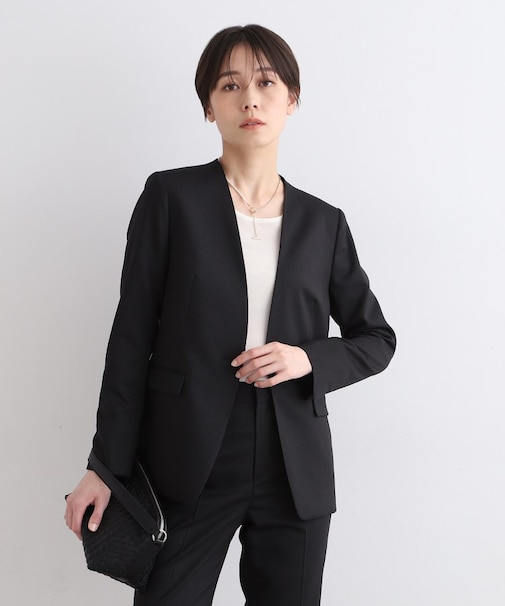 【定番スーツ／ウール混】ピンストライプノーカラージャケット