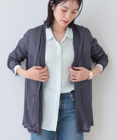 【洗える／シアーストライプ柄】着流しジャージカーディガン