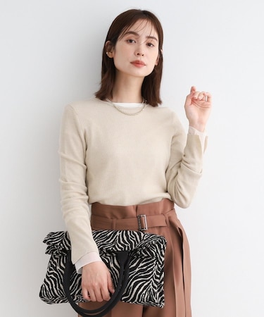 【洗える／ウール混／シアーラメ】ラウンドネックニット