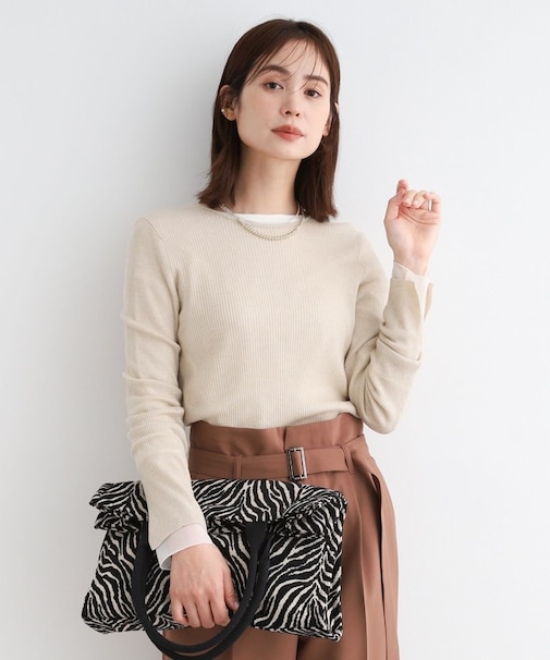 【洗える／ウール混／シアーラメ】ラウンドネックニット