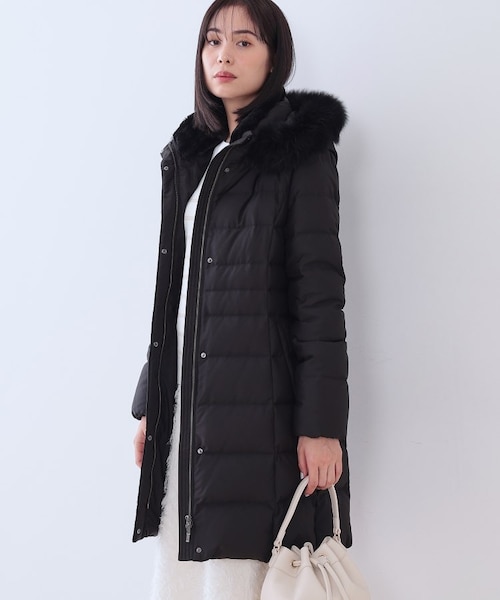 美品＊INDIVI フーテッドロングダウンコート　黒　38撥水 名品／撥水／抗菌防臭】ロング リサイクルダウンコート（ダウン