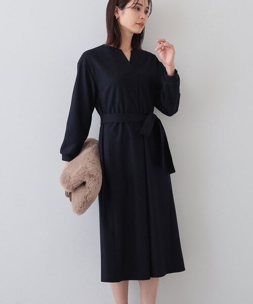 インディヴィ【未使用】【ウール混／ベルト付】美シルエットVネックワンピース ウール混／ベルト付】美シルエットVネックワンピース｜インディヴィの