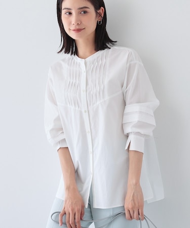 【UVケア/カラーストライプ柄】タックデザインブラウス