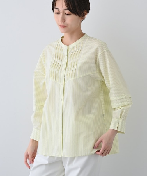 【UVケア／カラーストライプ柄】タックデザインブラウス