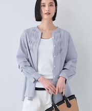 【UVケア／カラーストライプ柄】タックデザインブラウス