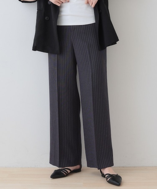 【こなれSETUP/ストライプ柄】リネンライクワイドパンツ