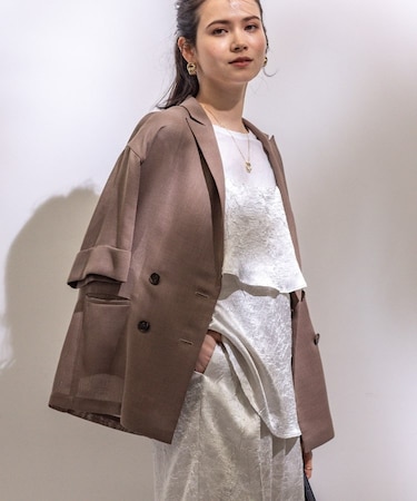 【洗える／メッシュ素材】リネンライク半袖ダブルジャケット