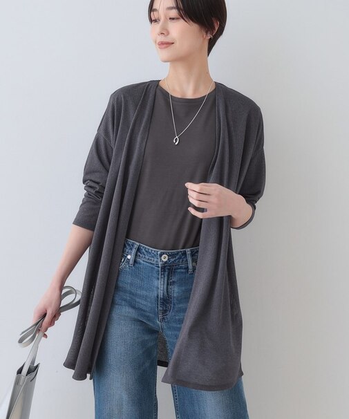 【洗える／シアーストライプ】ロング丈着流しカーディガン