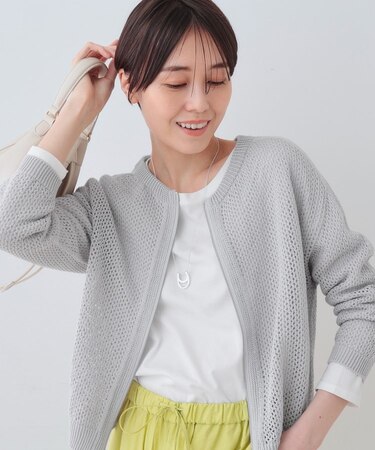 【洗える／コットン100％】メッシュ柄ニットブルゾン