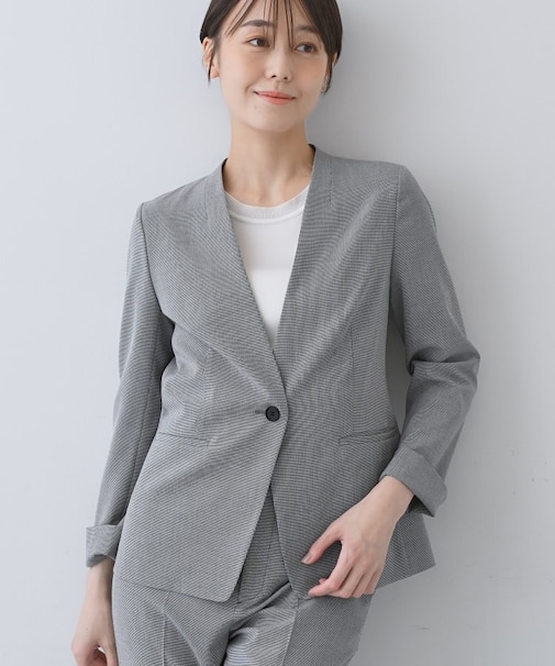 【洗える／夏スーツ】ミニ千鳥柄ノーカラージャケット