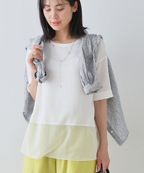 【洗える】裾シアー半袖トップス