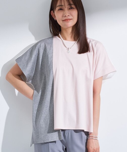 【洗える／汗ジミ防止】バイカラー＆アシメヘム Tシャツ