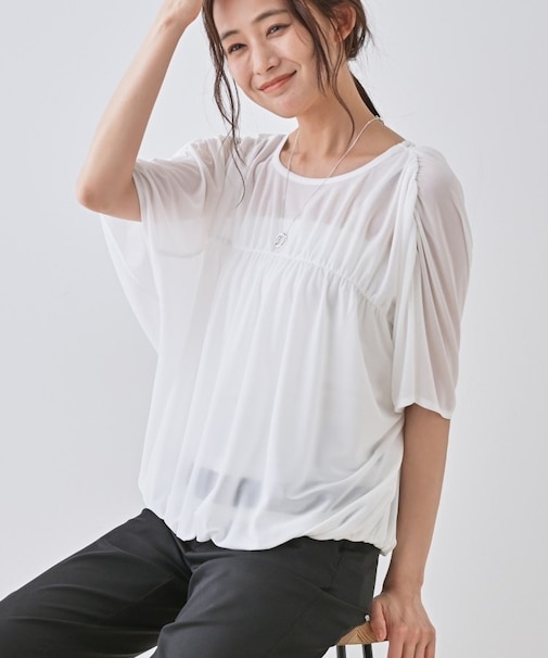 【洗える／体型カバー】シャーリングシアートップス
