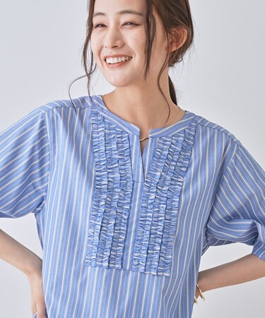 【洗える】胸元タックフリルブラウス