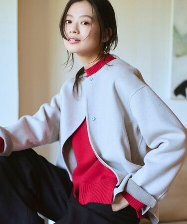 【配色デザイン/ショート丈】ウールリバー ノーカラーコート