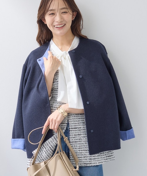 インディヴィ　ウール混リバーショートコート　ネイビー×ブルー　M 新品タグ付き ウール混／昨年ヒット！】リバーショートコート（ノーカラー