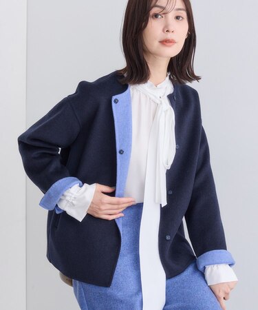 【配色デザイン/ショート丈】ウールリバー ノーカラーコート