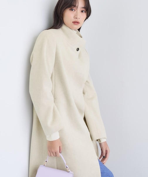 【名品コート／日本製】ウール100％スタンドカラーロングコート