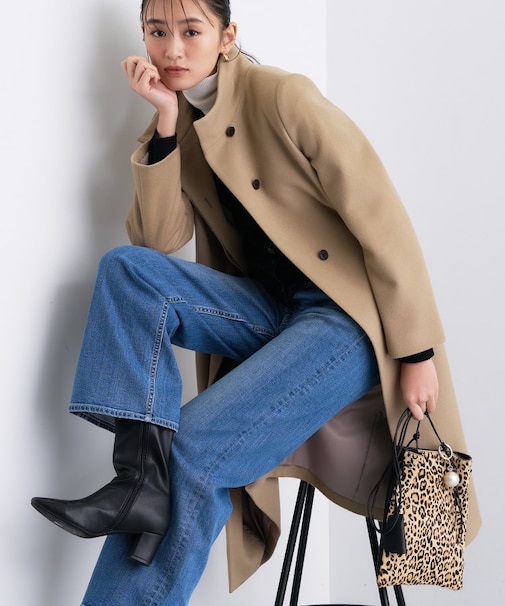 【名品コート/日本製】ウール100%スタンドカラーロングコート