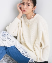 【洗える】ケーブルデザイン ラウンドヘムニット