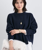 【洗える】ケーブルデザイン ラウンドヘムニット